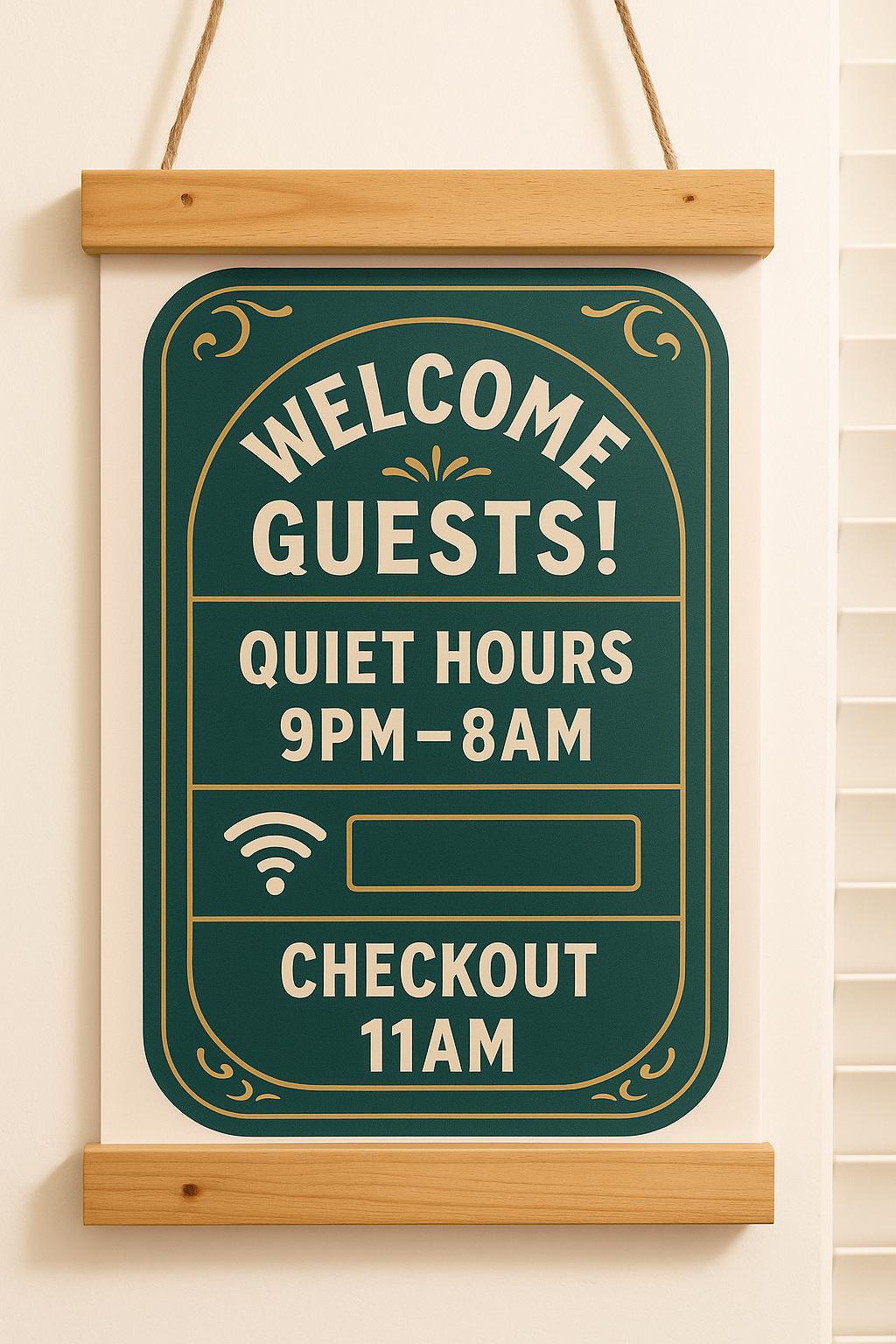 Airbnb Welcome Sign: Custom Wi-Fi, Quiet Hours, Checkout Time
