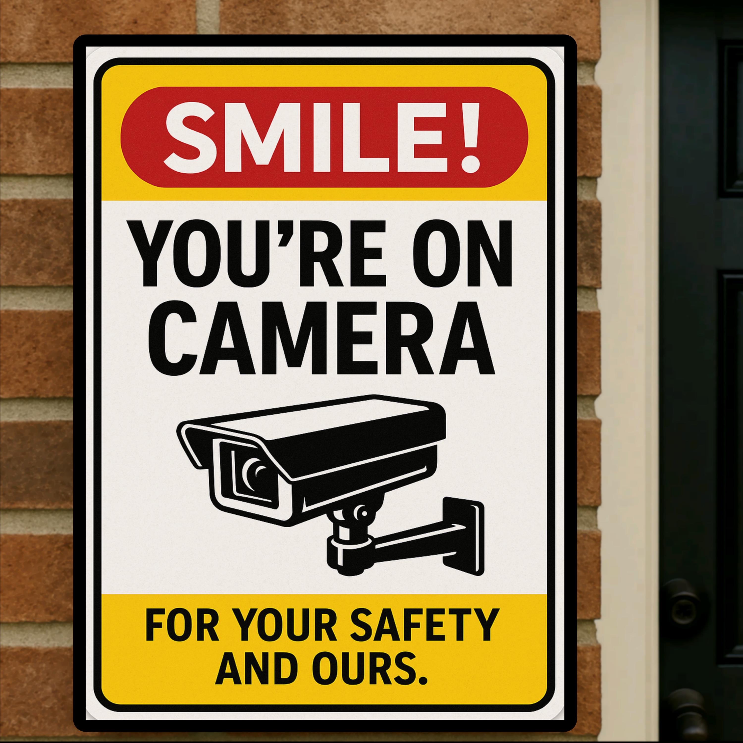 Smile You're on Camera Sign: Home Security, Weatherproof Outdoor Use