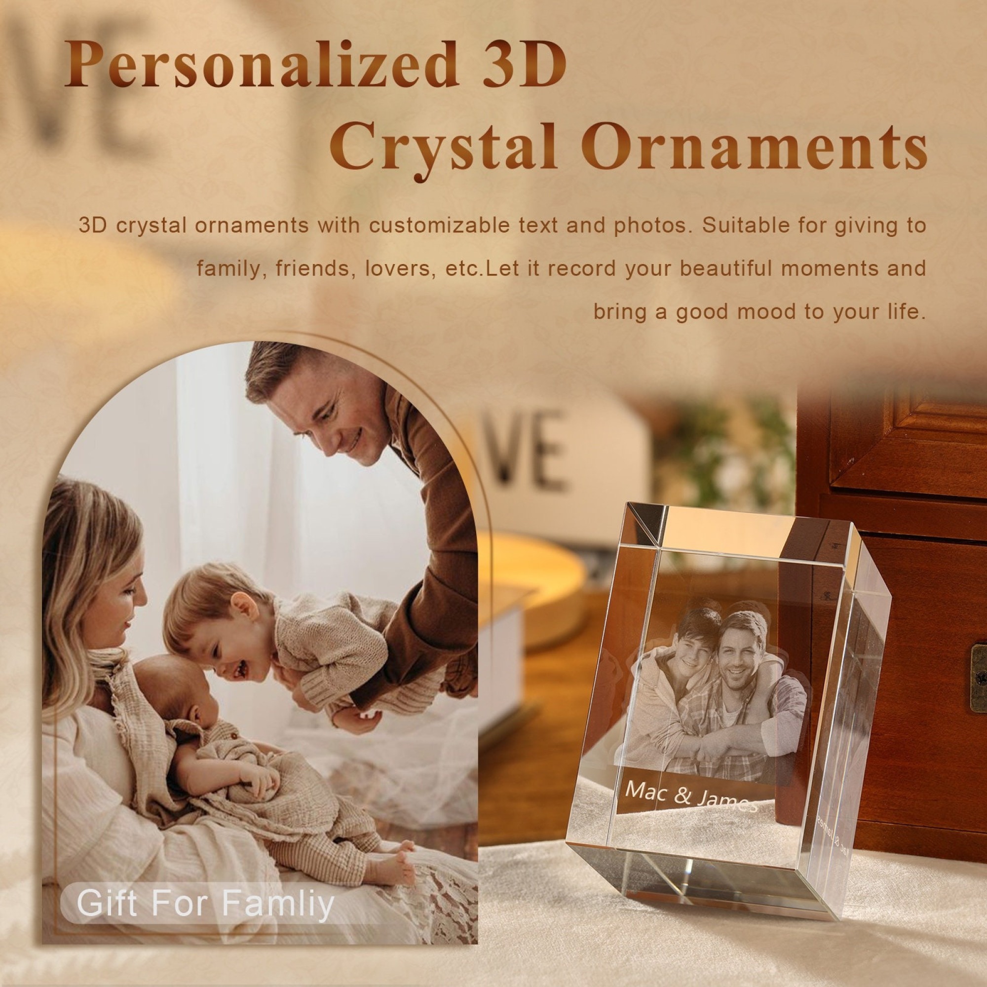3D Crystal Photo Portrait: Custom Laser Etched Gift for Mom 3d laser engraved crystal custom image crystal  | Personalized Photo/Logo Inside | Unique Memorial Gift Corporate Award Wedding Decor Anniversary Gift Employee Award Home Decor Keepsake
