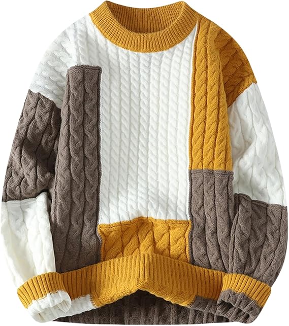 Men's patchwork sweater, color-blocked knit pullover, retro cable knit pullover sweater