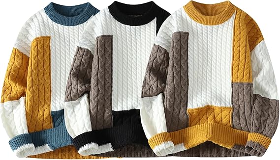 Men's patchwork sweater, color-blocked knit pullover, retro cable knit pullover sweater