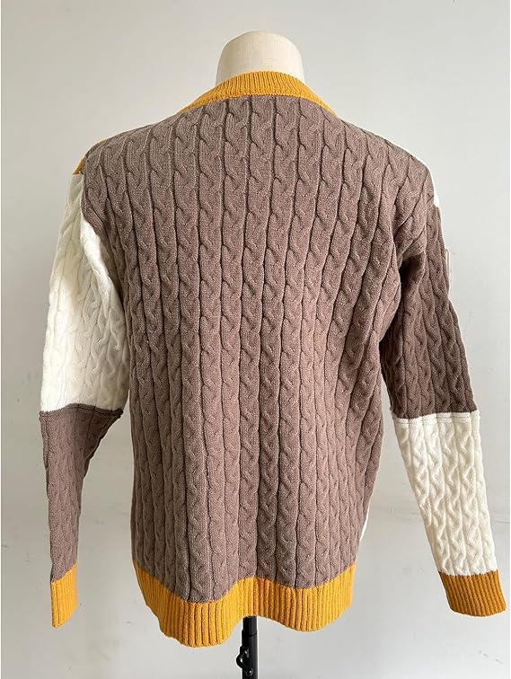 Men's patchwork sweater, color-blocked knit pullover, retro cable knit pullover sweater