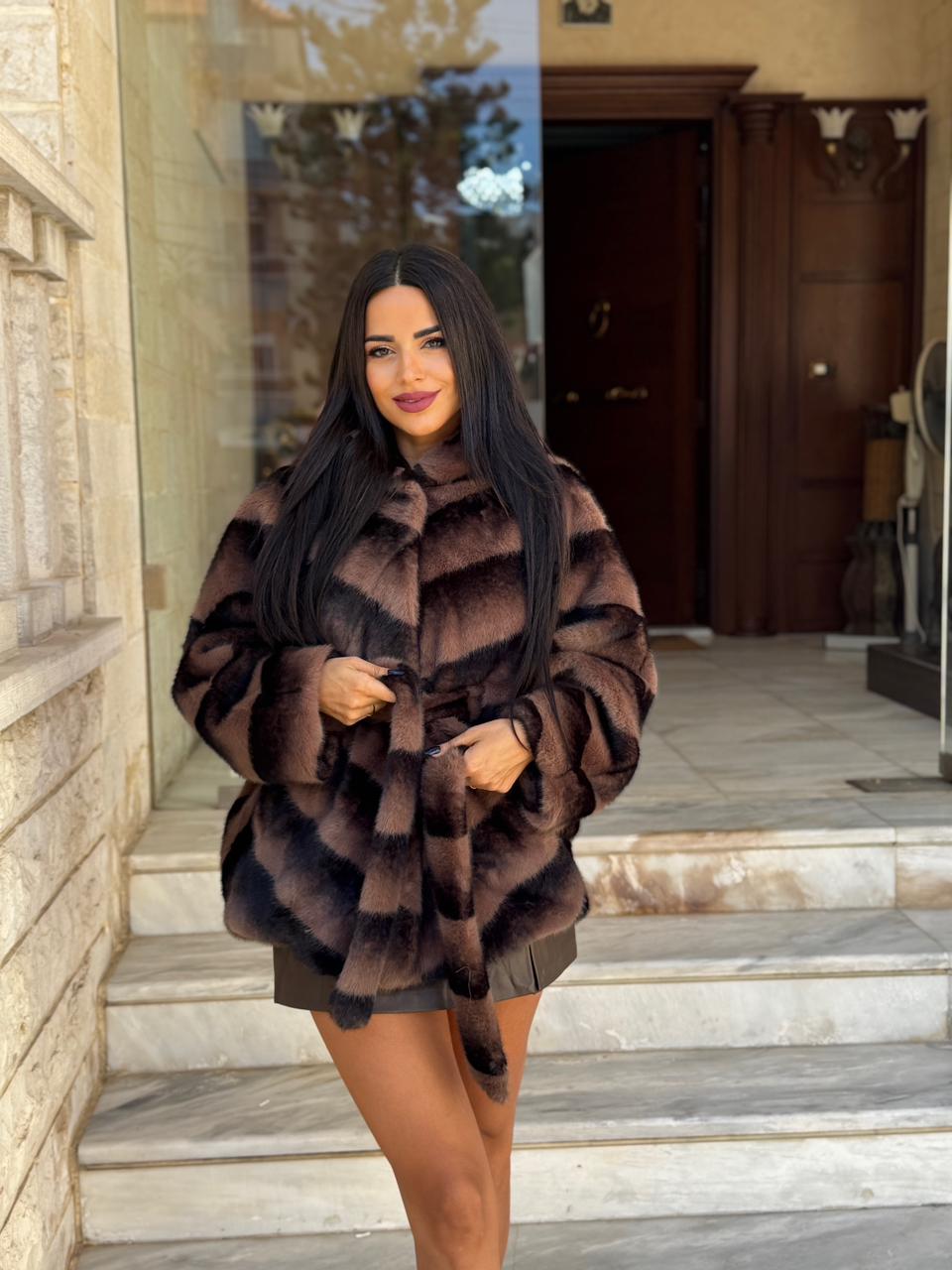 Mocha Striped Fur Jacket