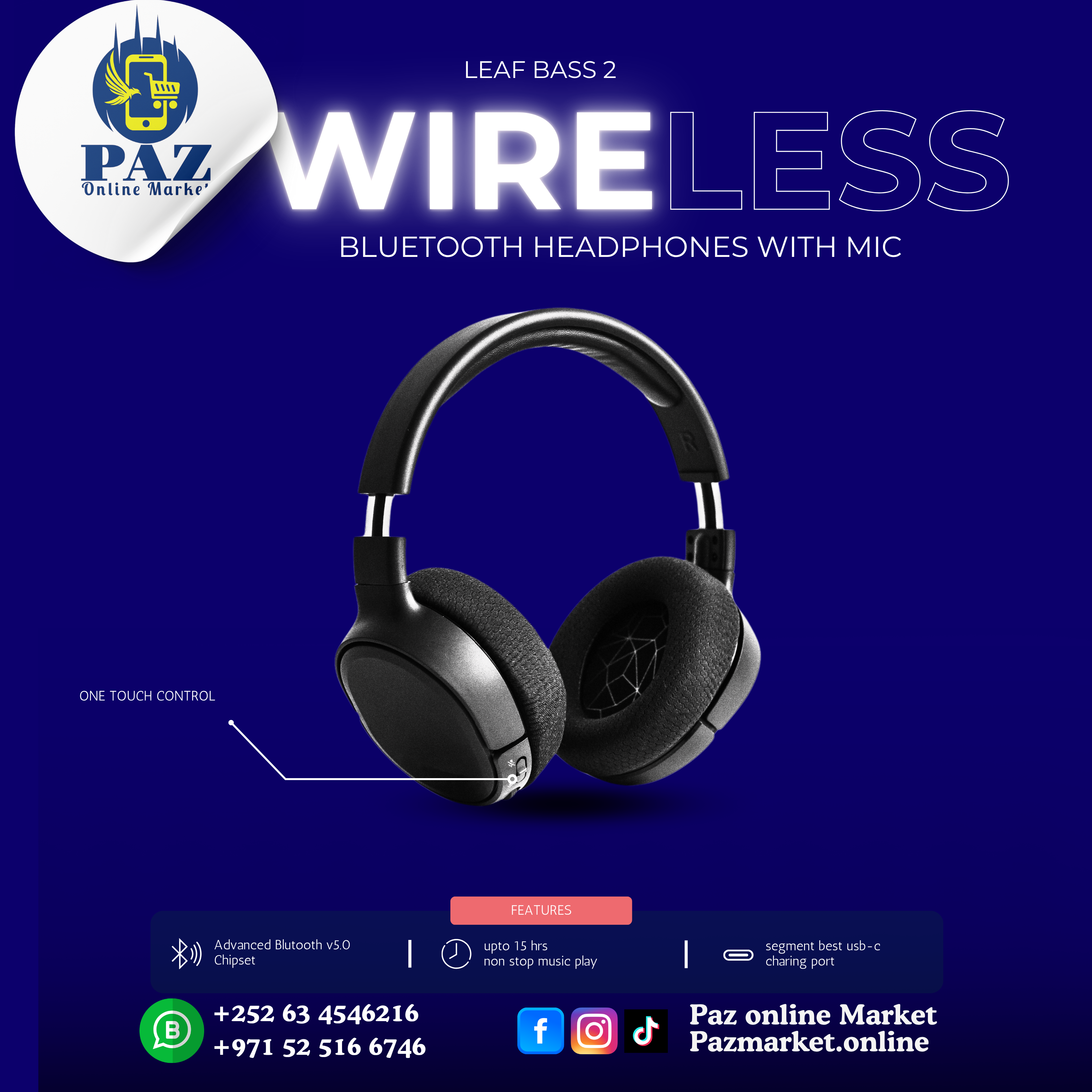 Leaf Bass 2 Wireless Bluetooth Headphones with Mic