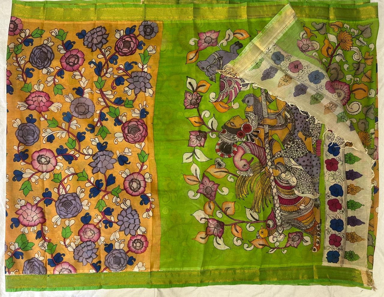 Pen kalamkari chanduri silk saree