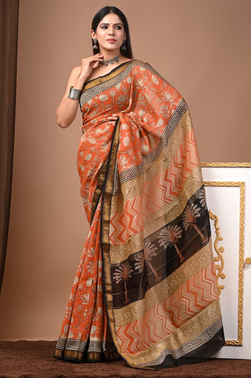Hand Block Maheshwari Saree