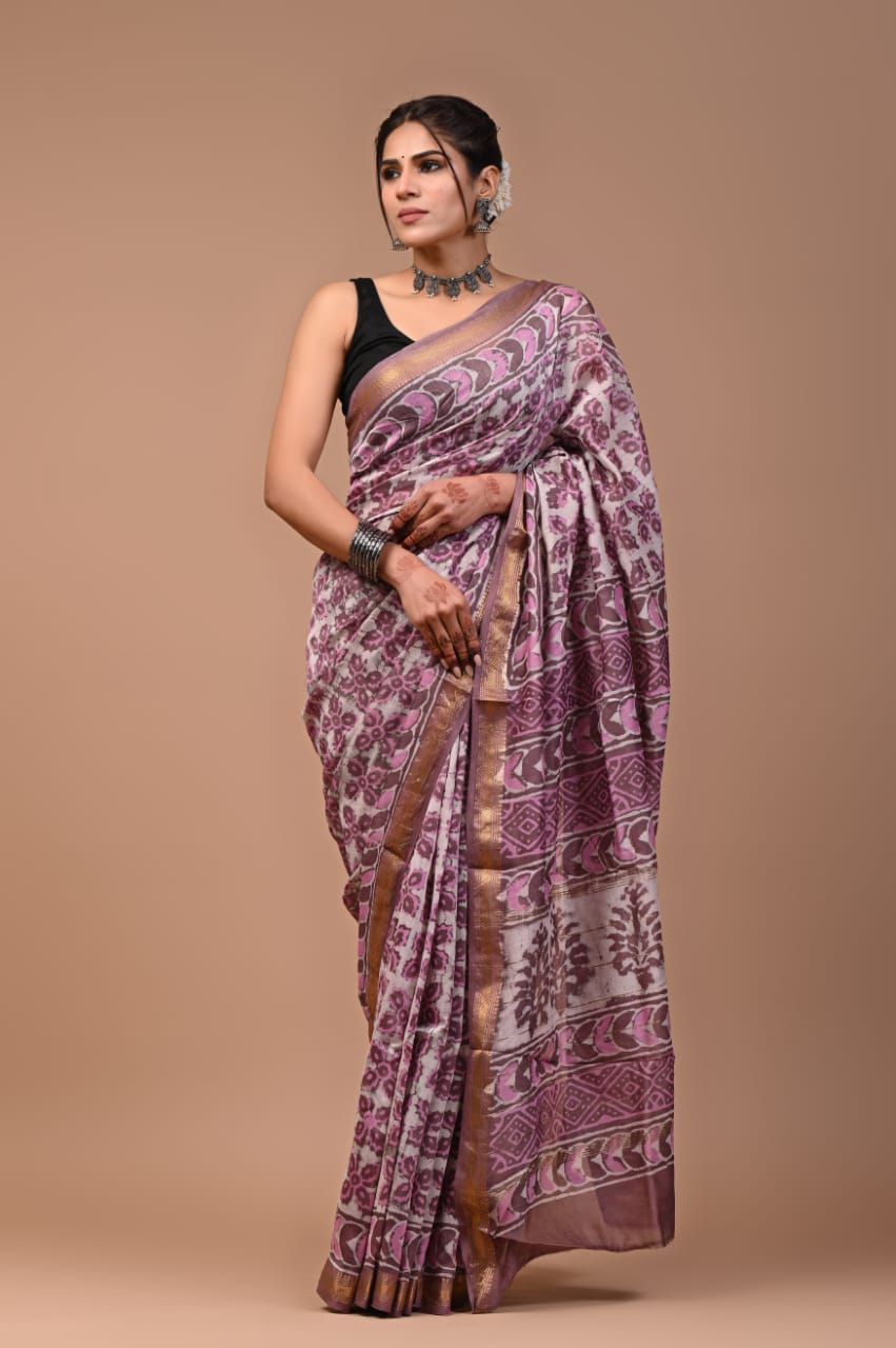 Hand block Maheshwari saree