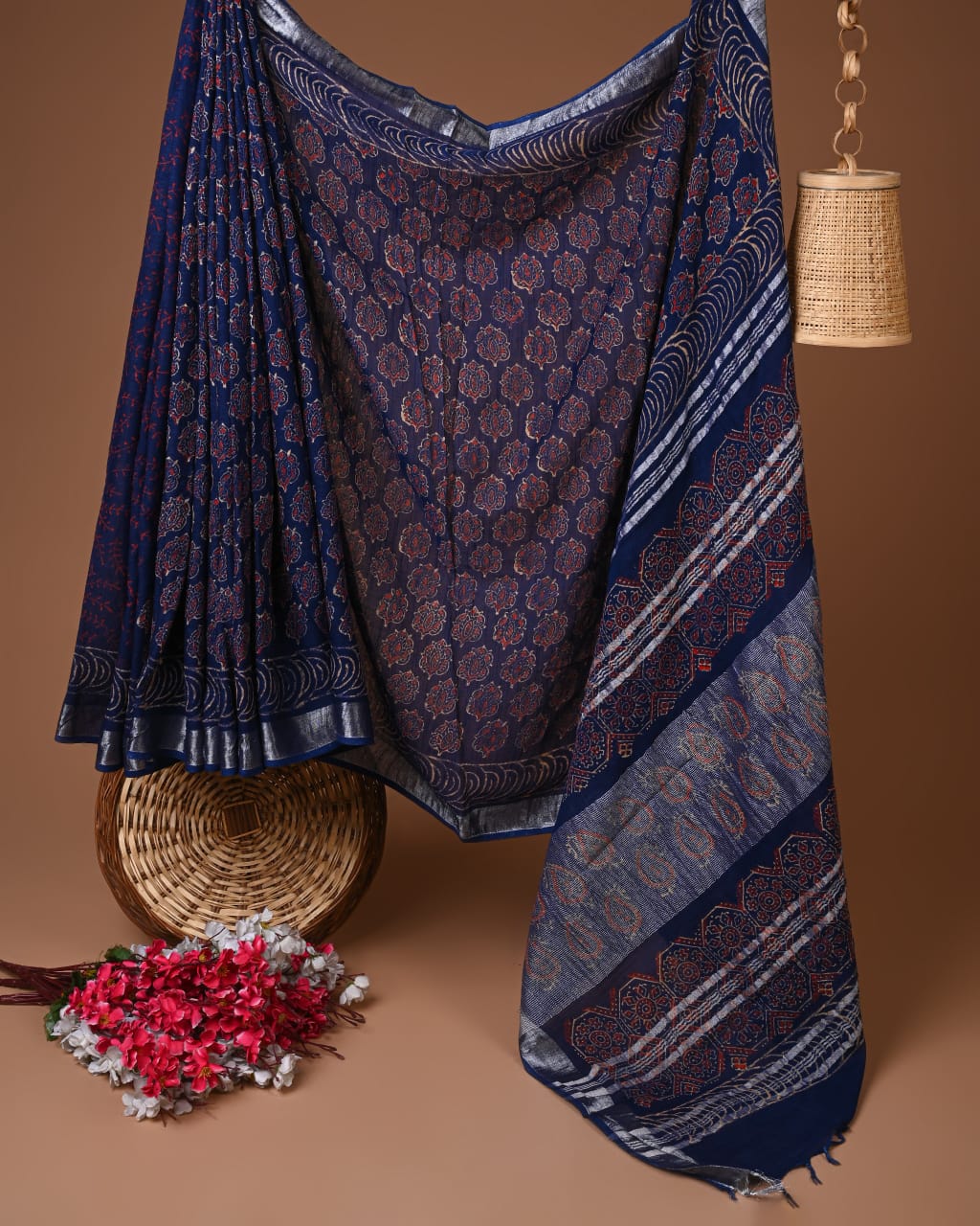 Linen Hand block Indigo Printed Saree