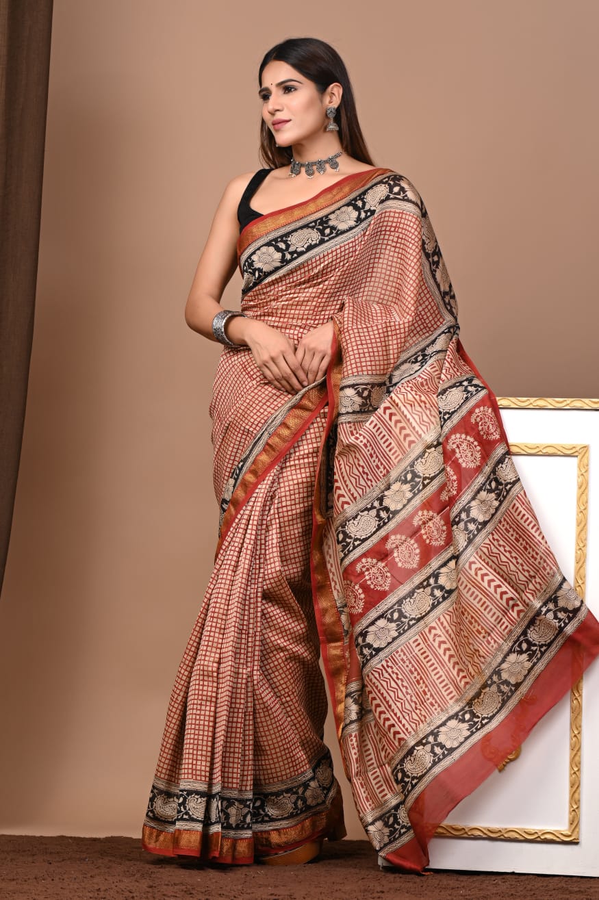 Hand Block Maheshwari Saree