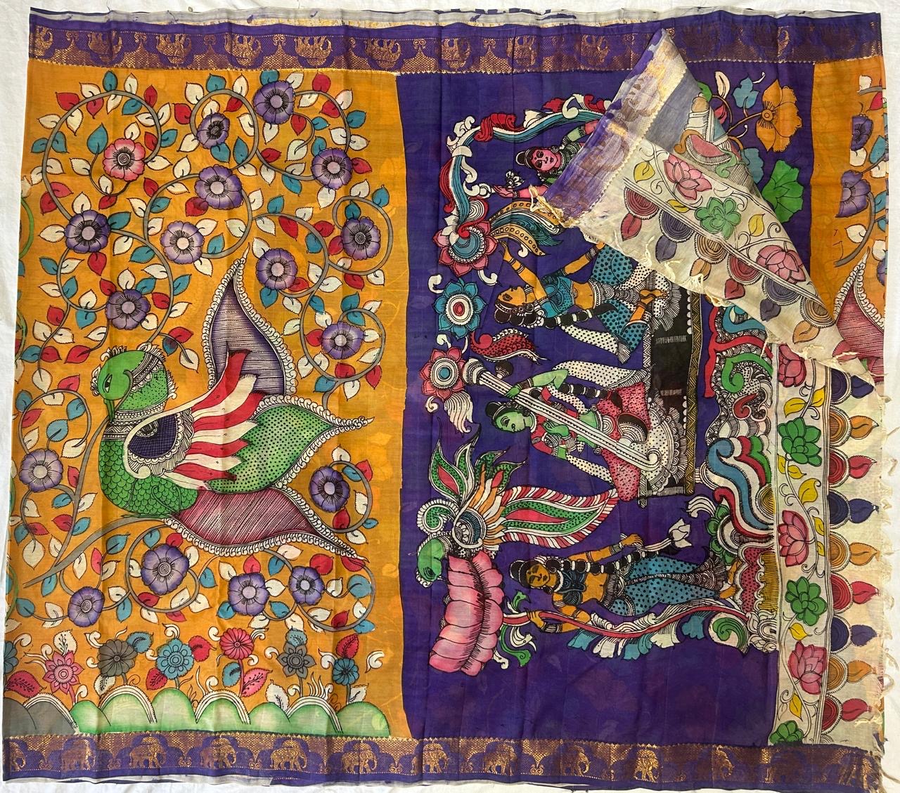 Pen kalamkari chanduri silk saree