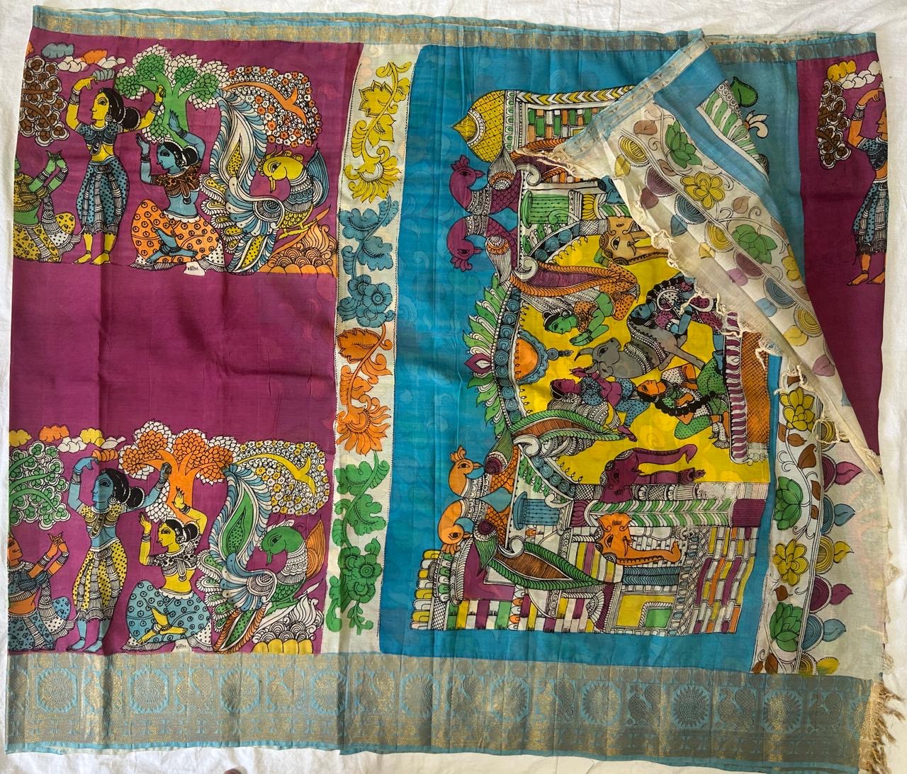 Pen kalamkari chanduri silk saree