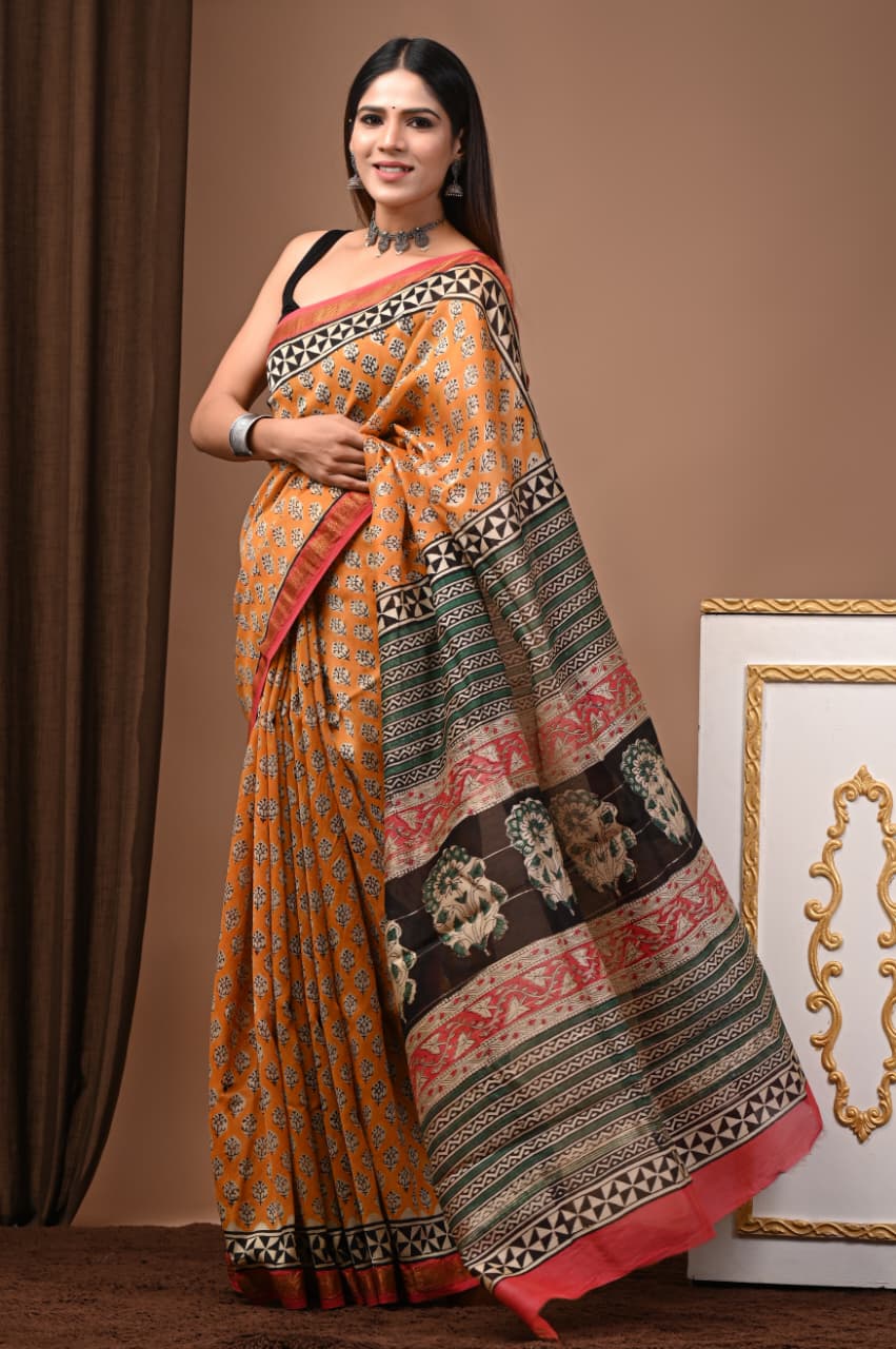 Hand Block Maheshwari Saree