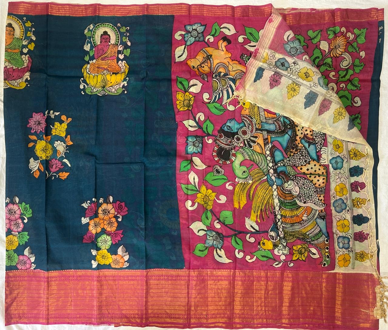 Pen kalamkari chanduri silk saree