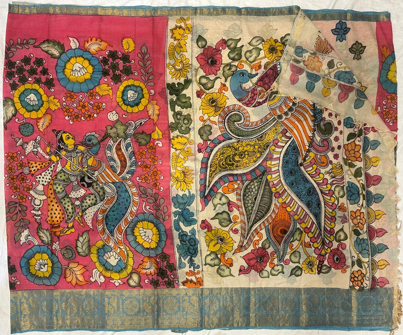 Pen kalamkari chanduri silk saree