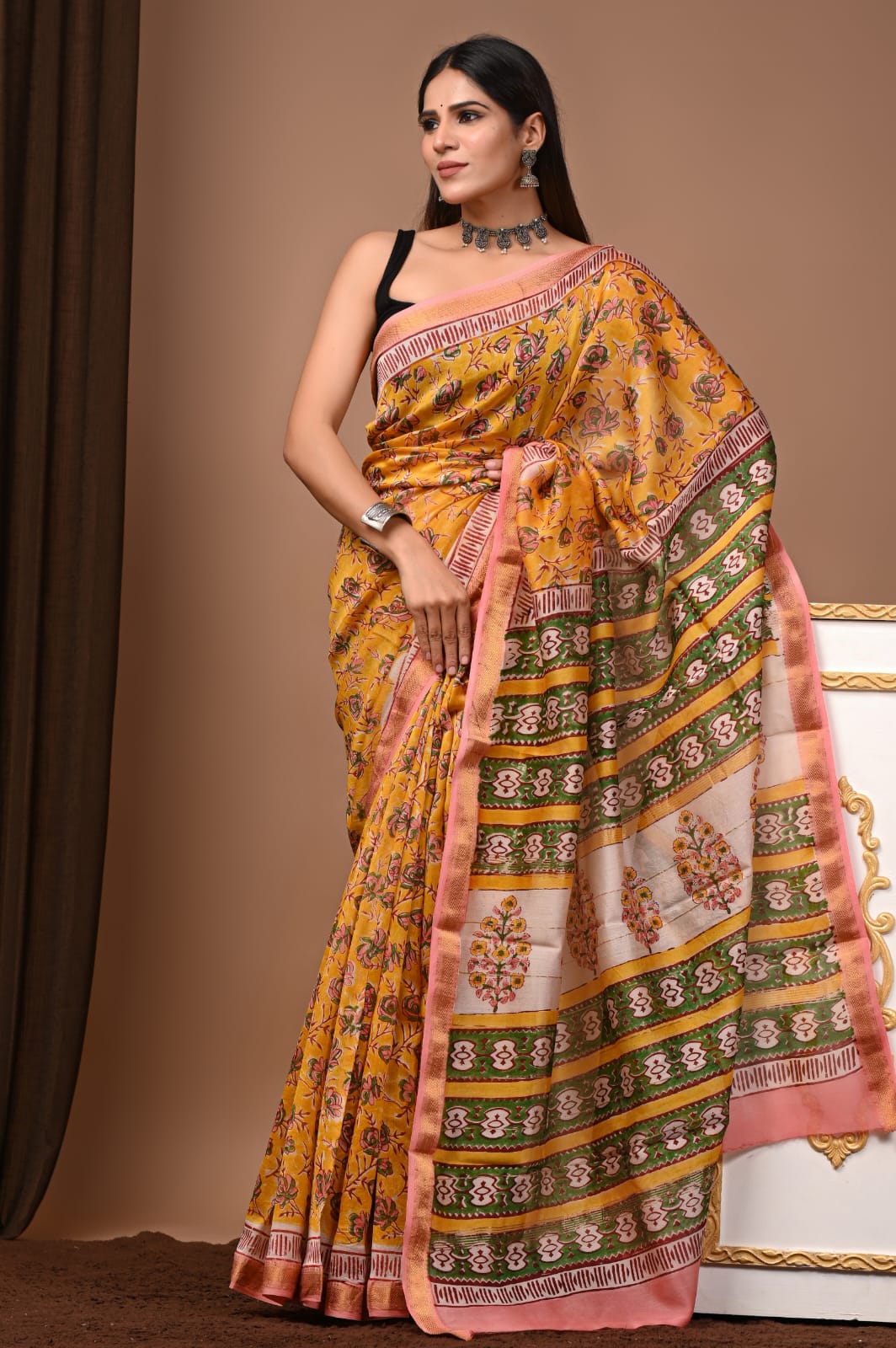 Hand block Maheshwari saree