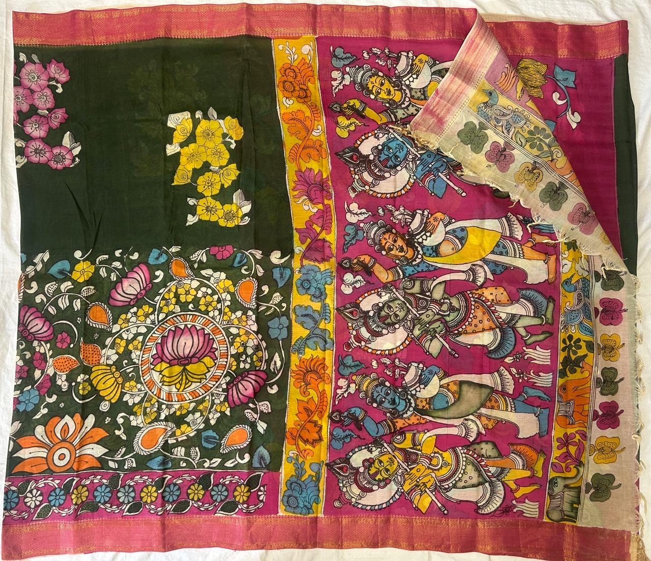 Pen kalamkari chanduri silk saree