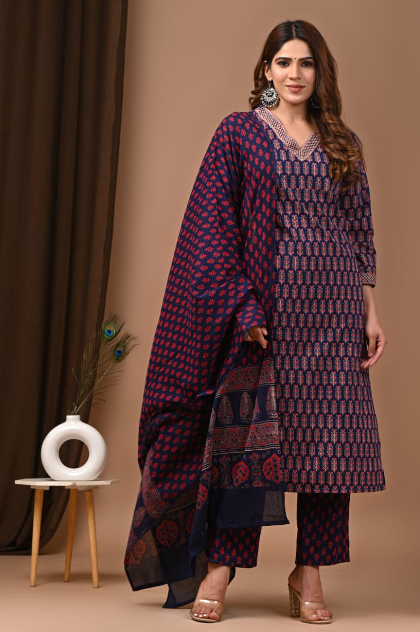Hand block Printed Three-Piece cotton Suit