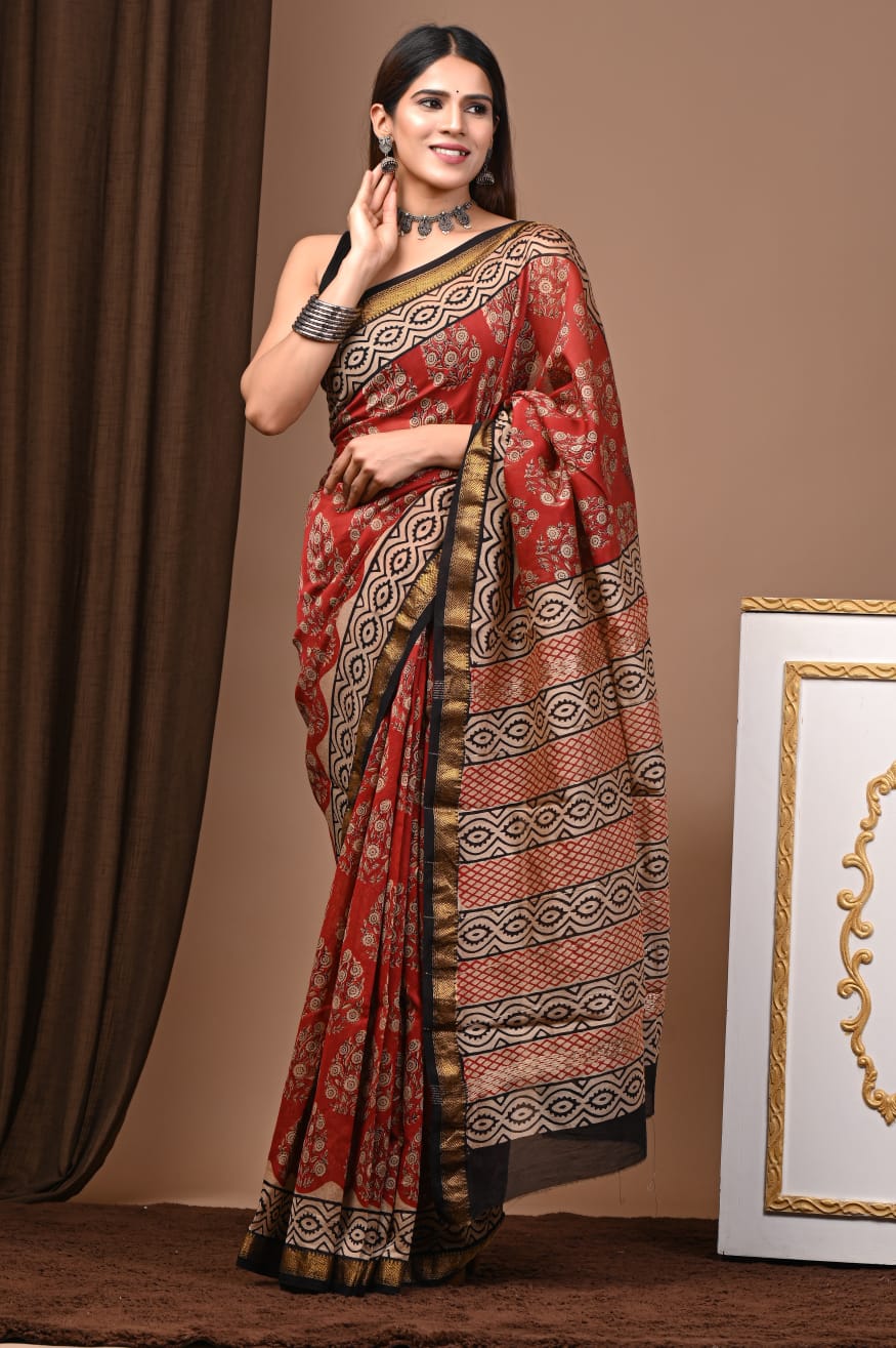 Hand Block Maheshwari Saree