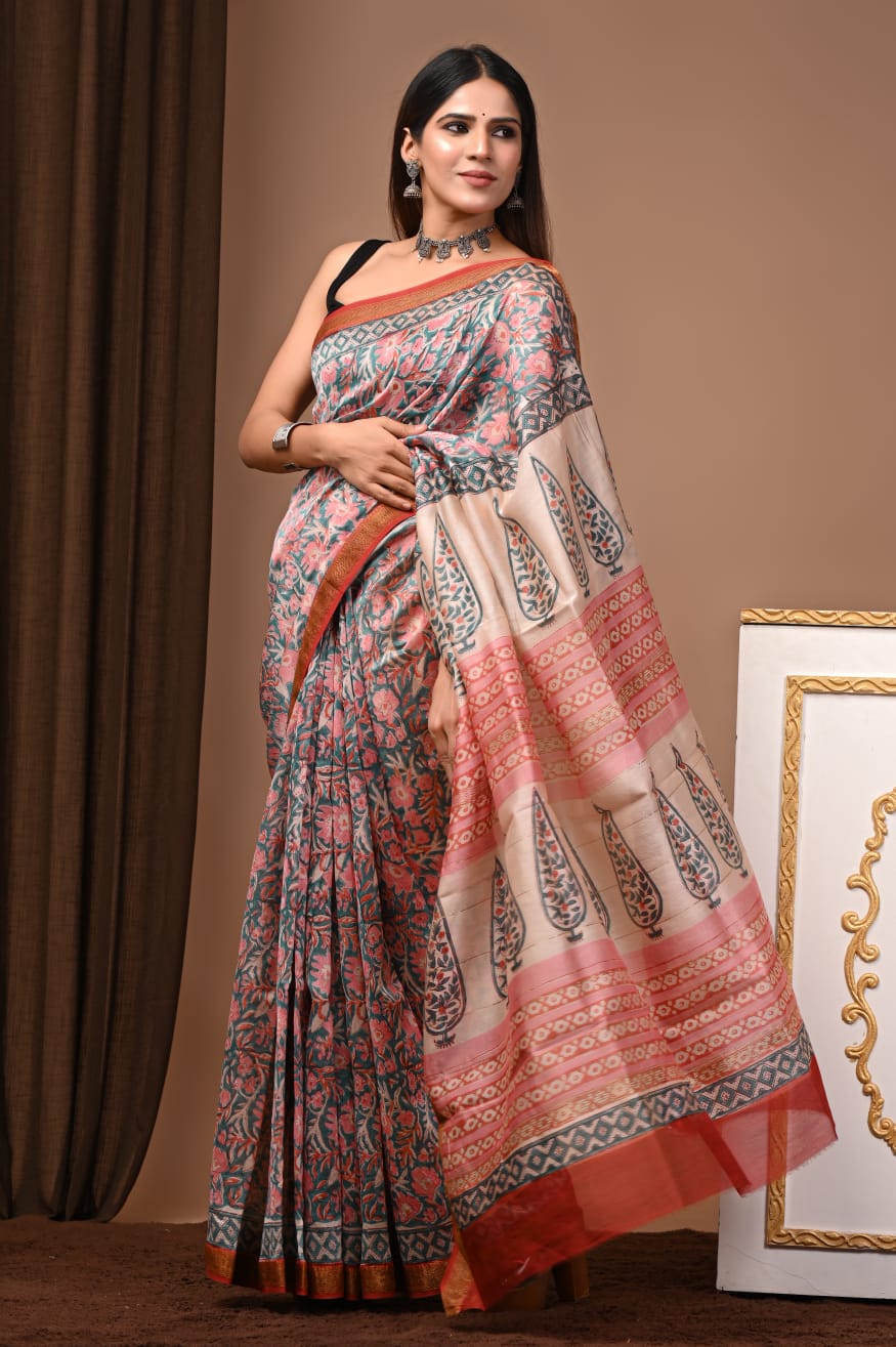Hand Block Maheshwari Saree