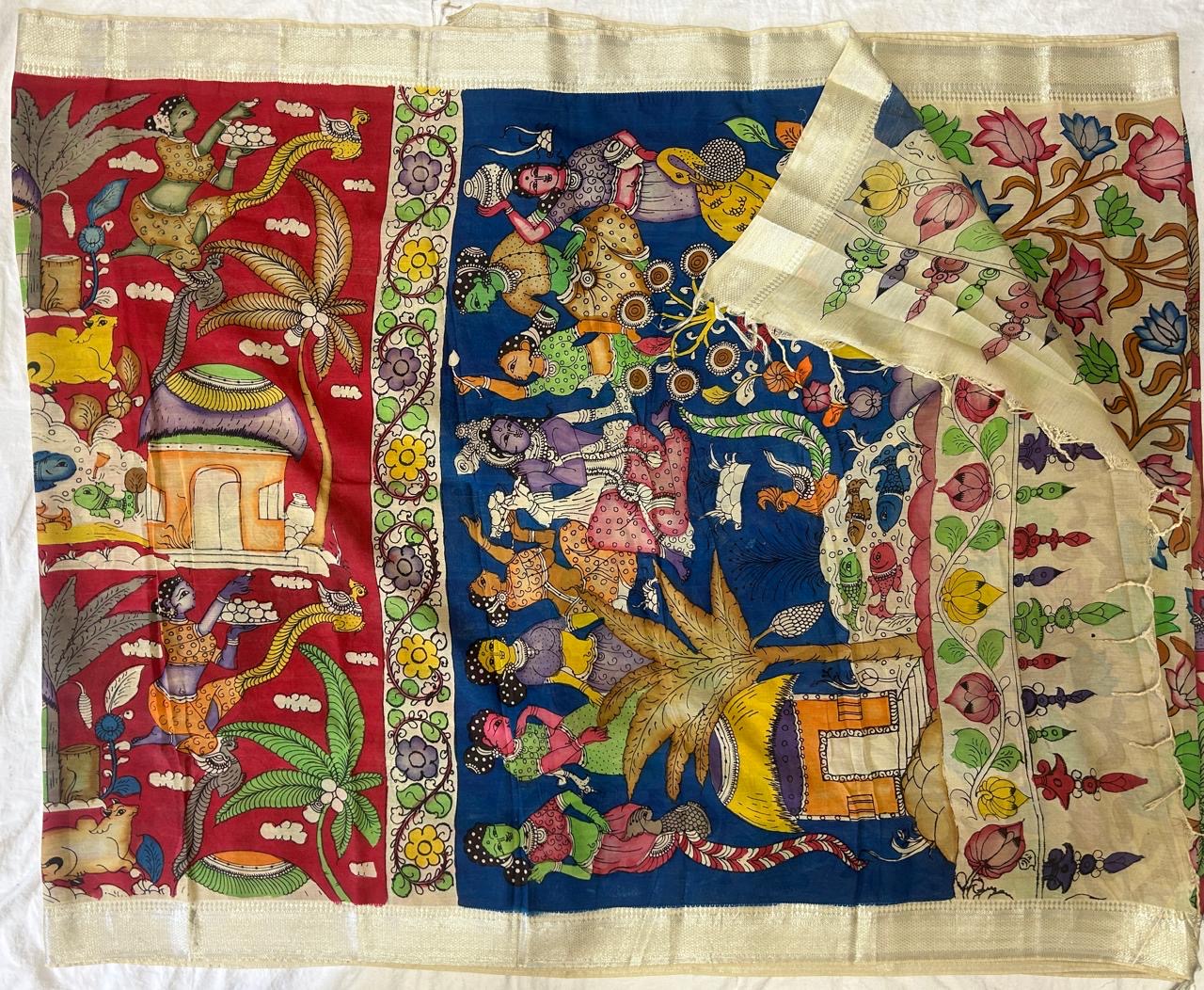 Pen kalamkari chanduri silk saree