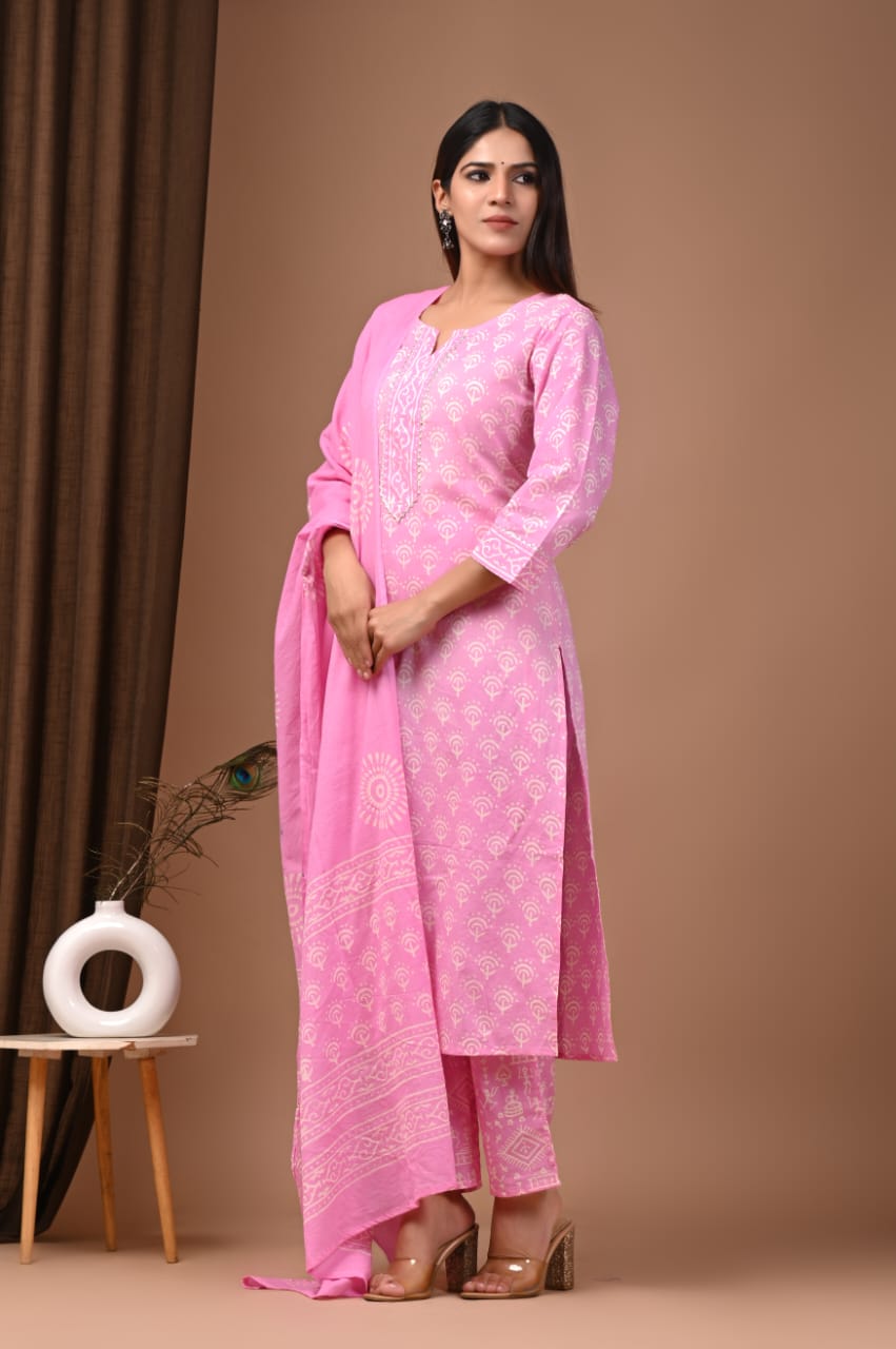 Hand block Printed Three-Piece cotton Suit