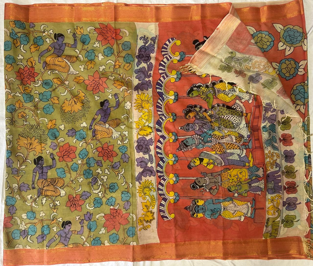 Pen kalamkari chanduri silk saree