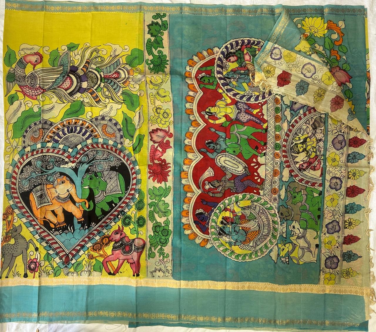 Pen kalamkari chanduri silk saree