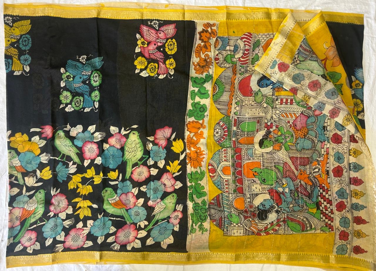 Pen kalamkari chanduri silk saree