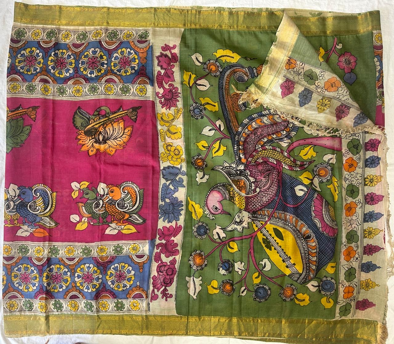 Pen Kalamkari chanduri silk saree
