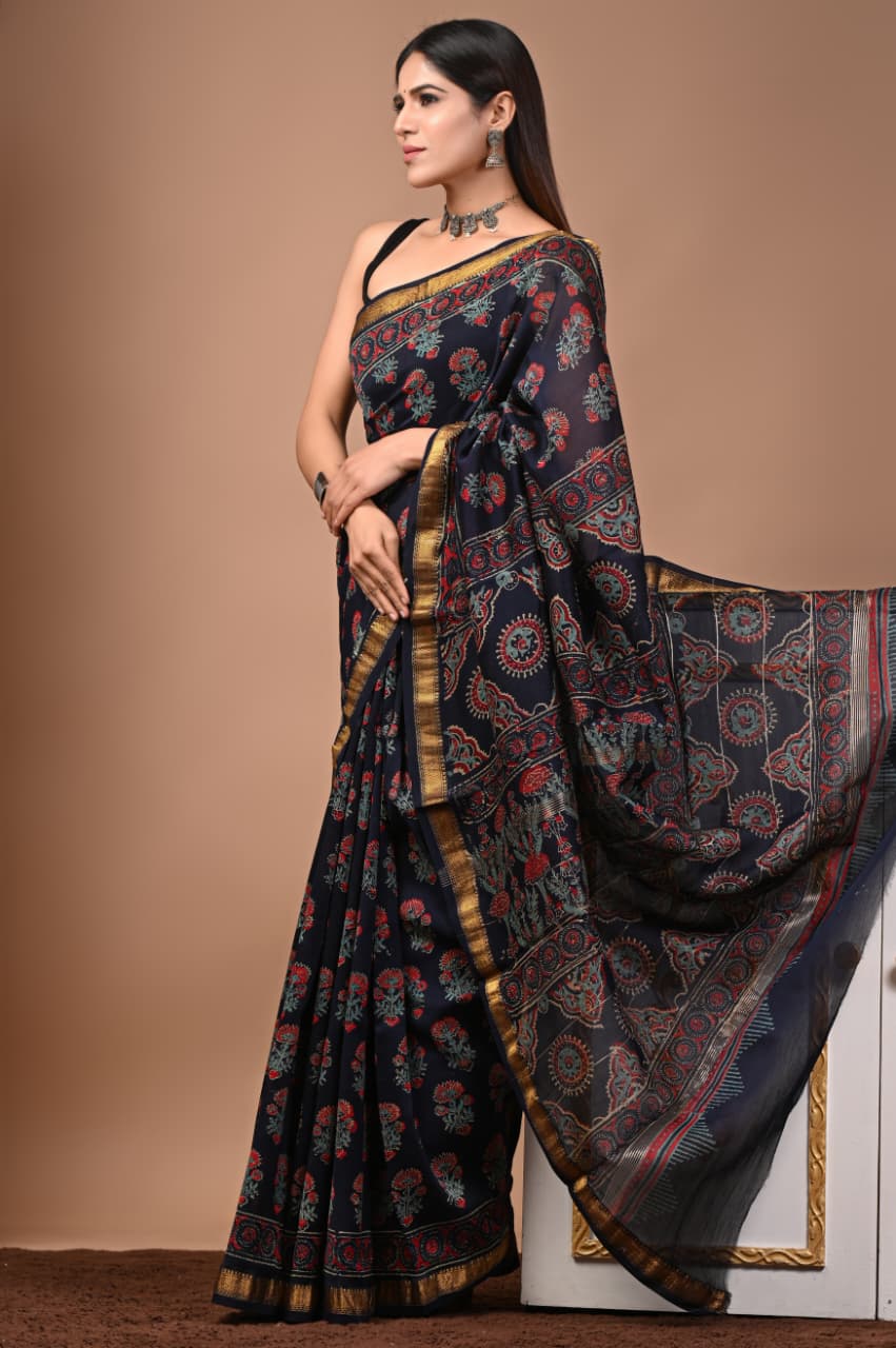 Hand Block Maheshwari Saree
