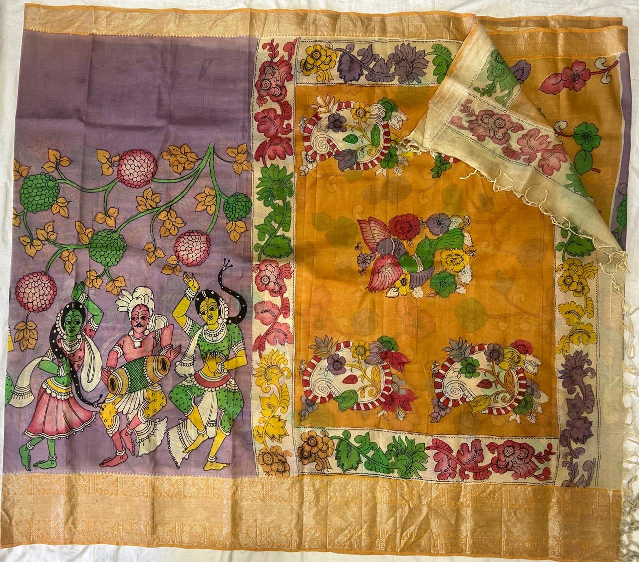 Pen kalamkari chanduri silk saree