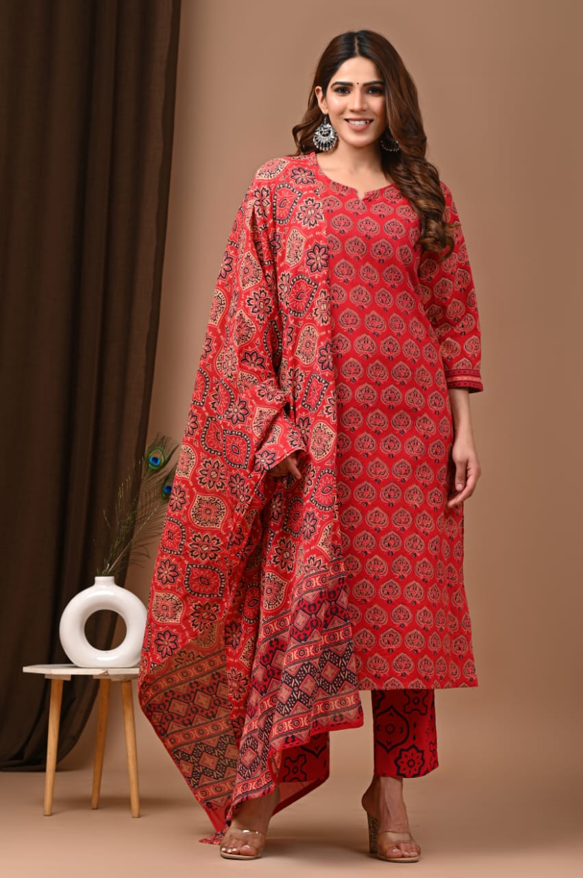 Hand block Printed Three-Piece cotton Suit