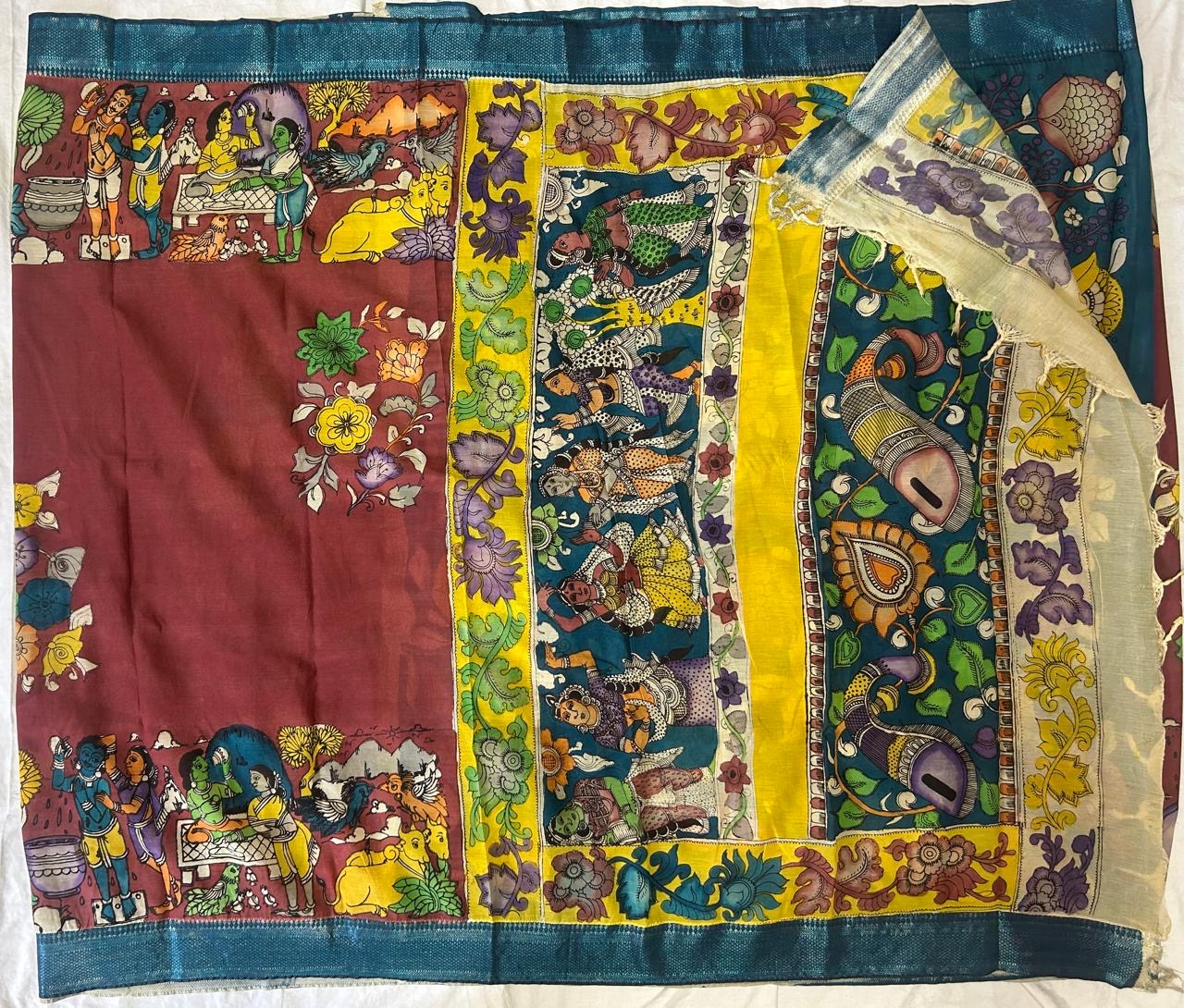 Pen kalamkari chanduri silk saree