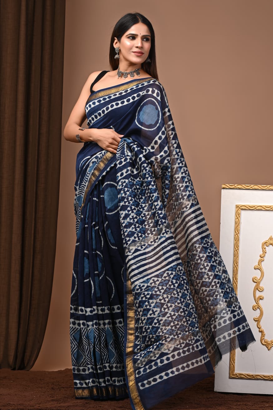 Hand Block Maheshwari Saree