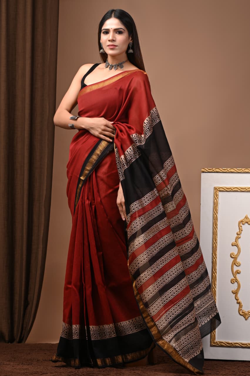 Hand Block Maheshwari Saree