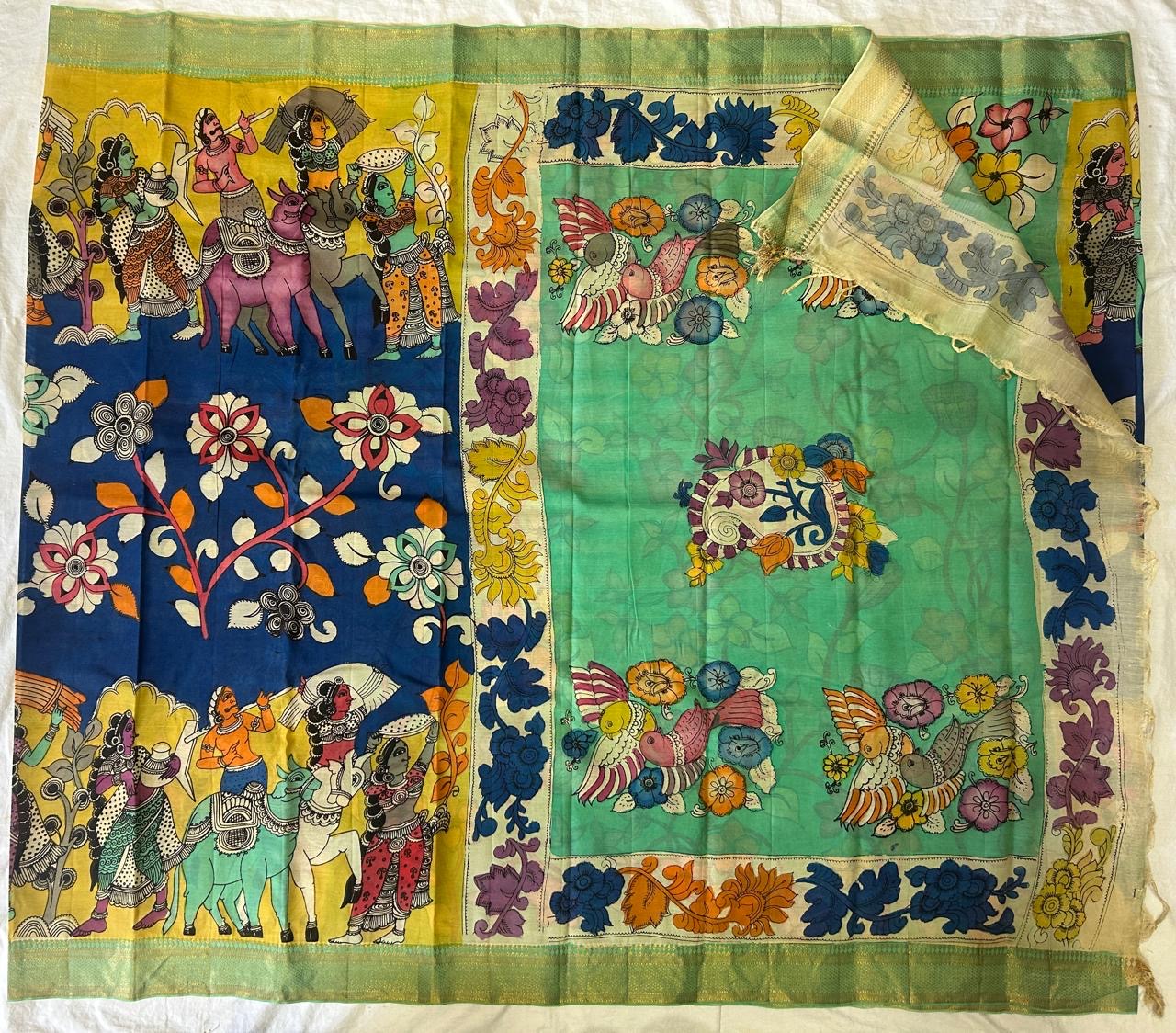 Pen Kalamkari chanduri silk saree