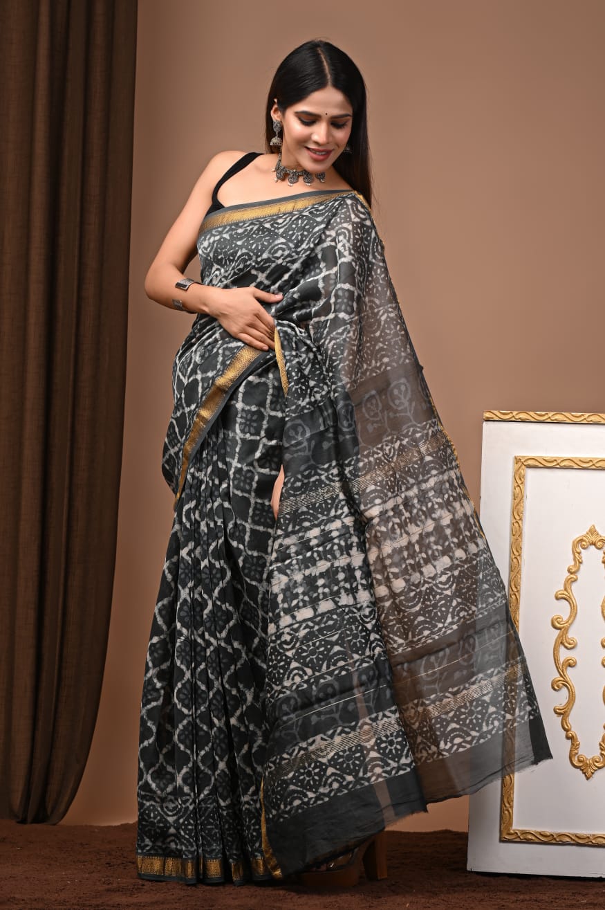 Hand Block Maheshwari Saree