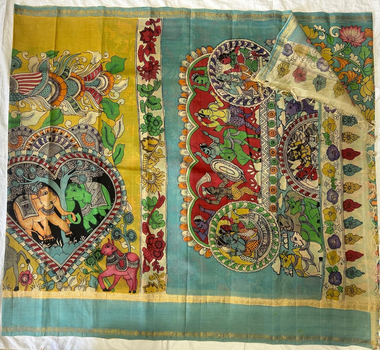 Pen kalamkari chanduri silk saree