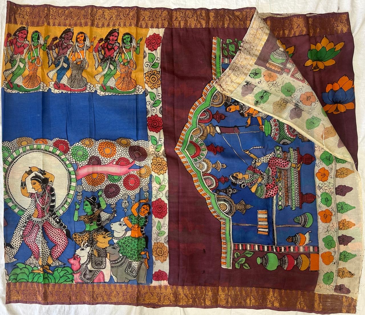 Pen kalamkari chanduri silk saree