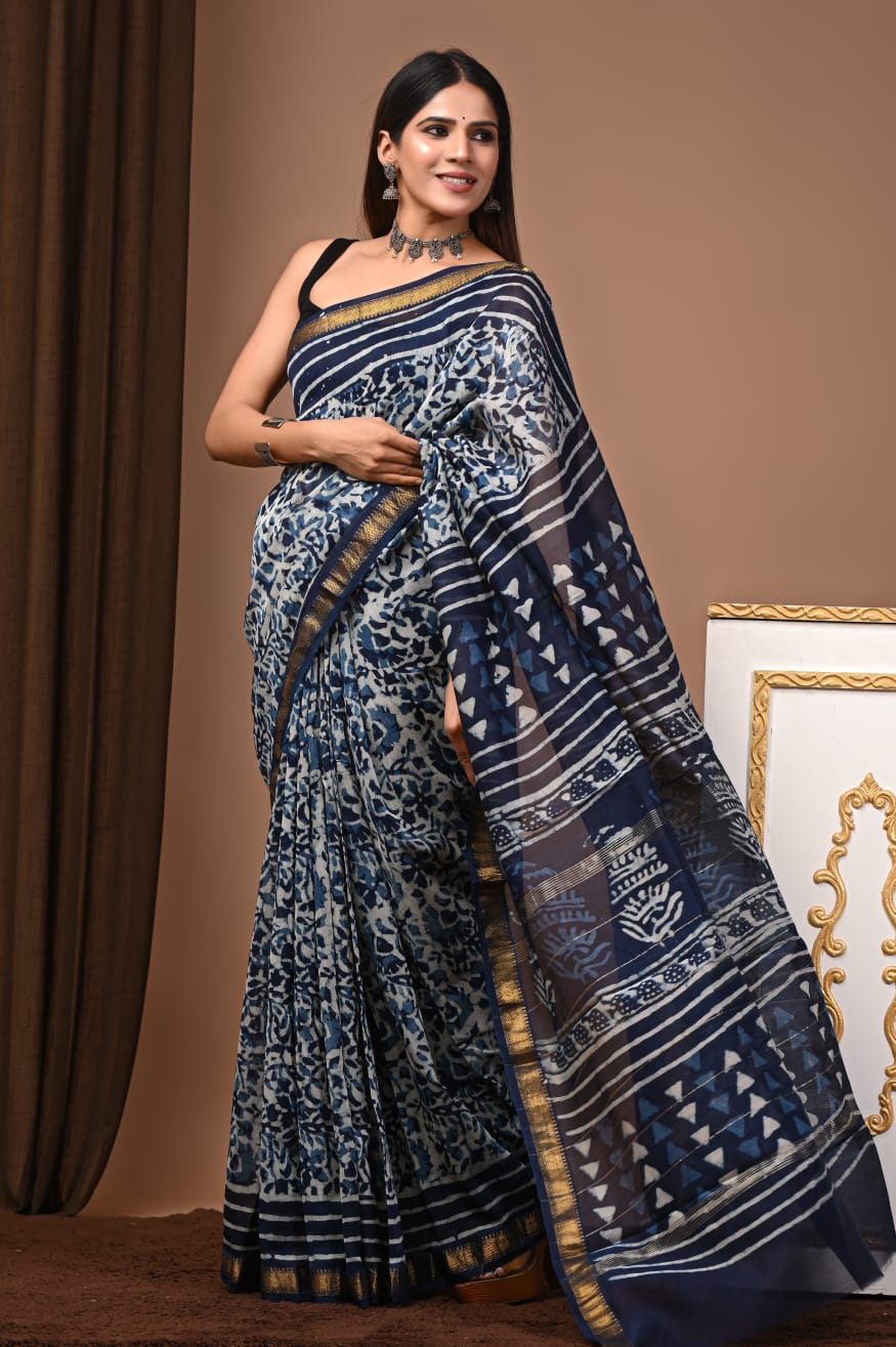 Hand Block Maheshwari Saree