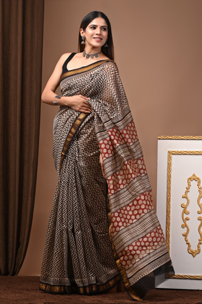 Hand Block Maheshwari Saree