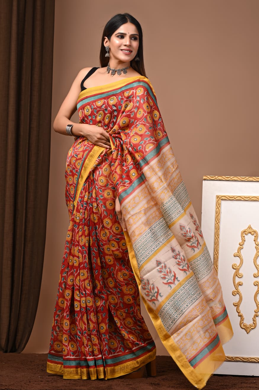 Hand Block Maheshwari Saree