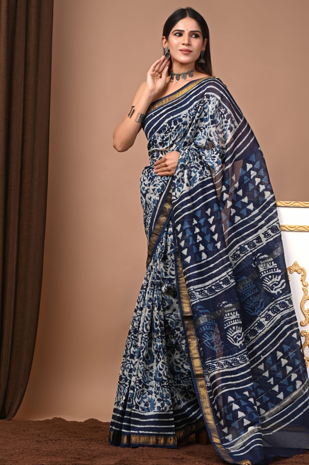 Hand Block Maheshwari Saree