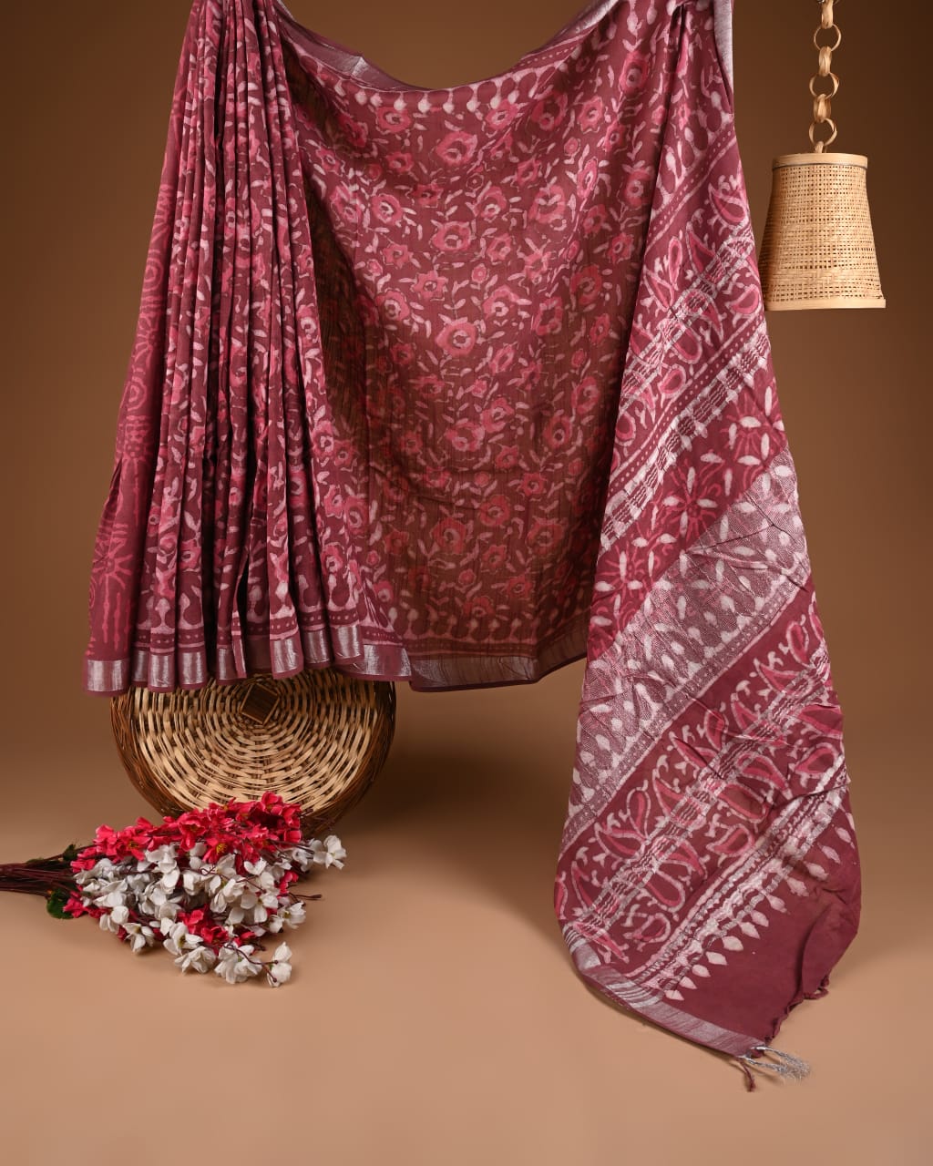Linen Maroon hand block Printed Saree
