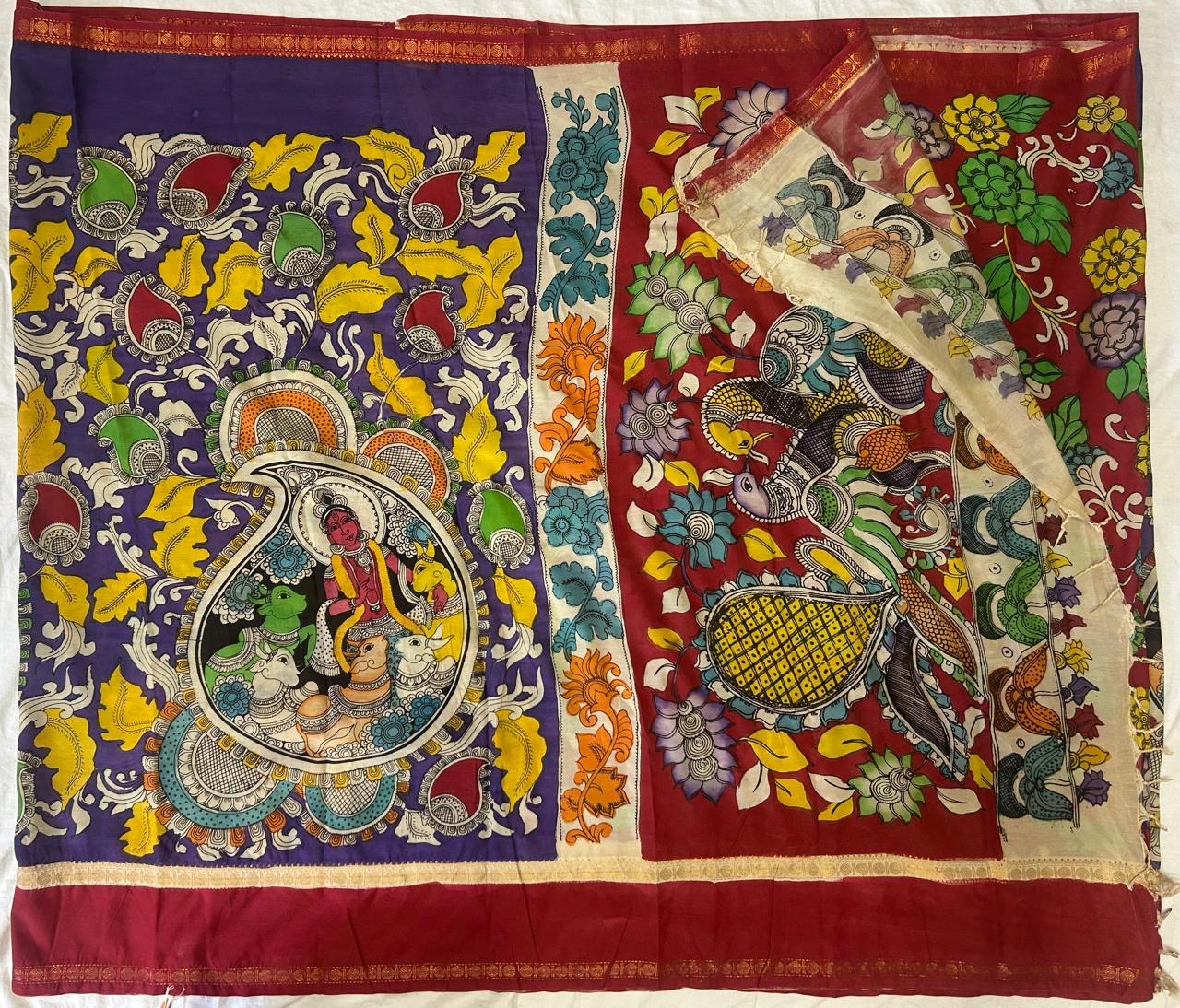 Pen kalamkari chanduri silk saree