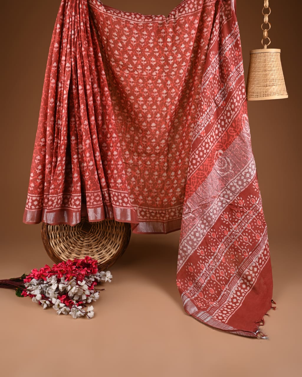 Linen Hand block Red Printed Saree