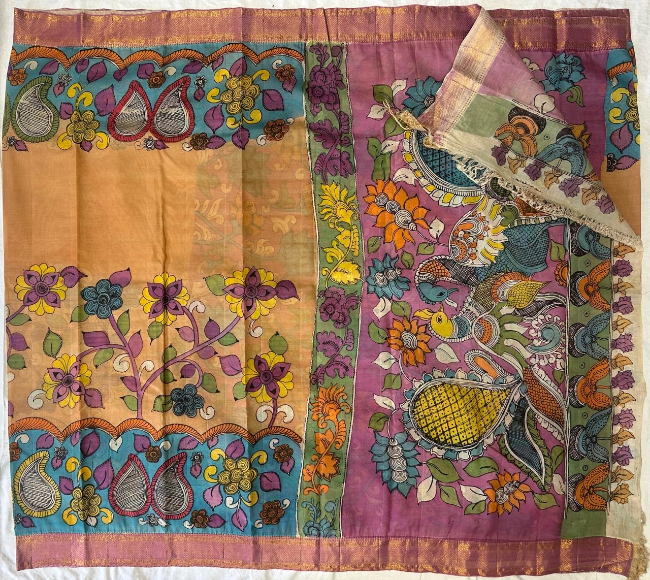 Pen kalamkari chanduri silk saree