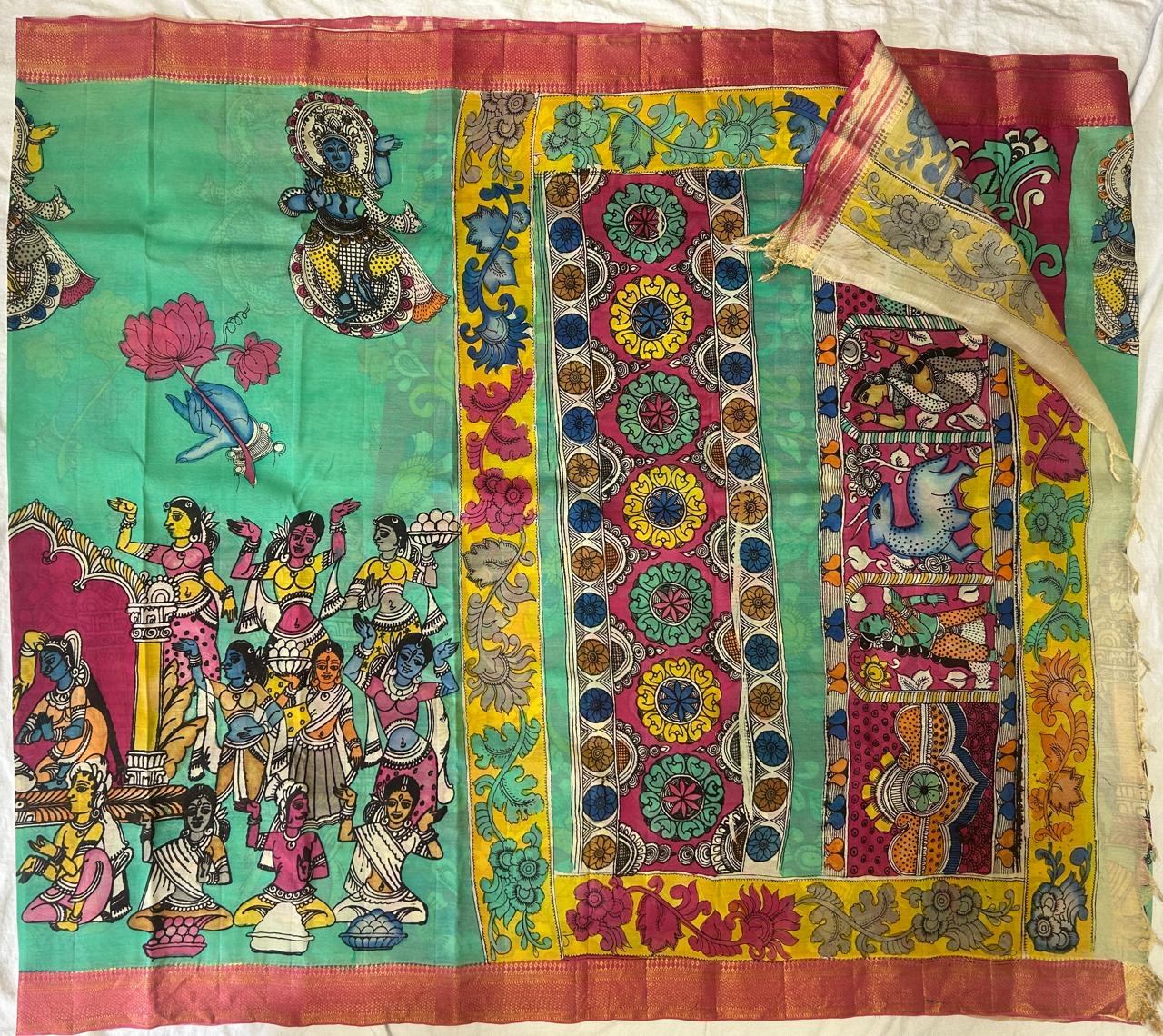 Pen Kalamkari chanduri silk saree