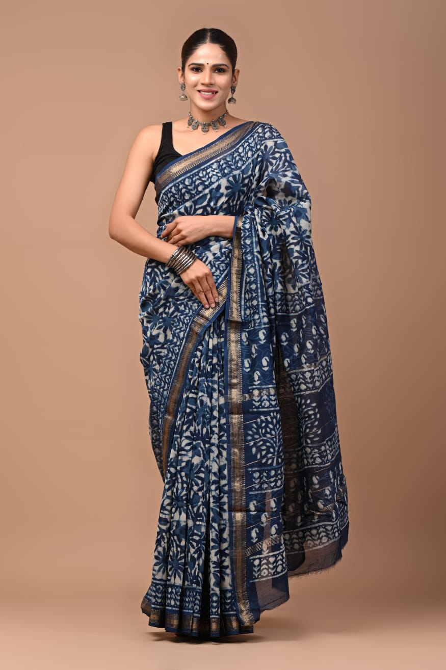 Hand block Maheshwari saree