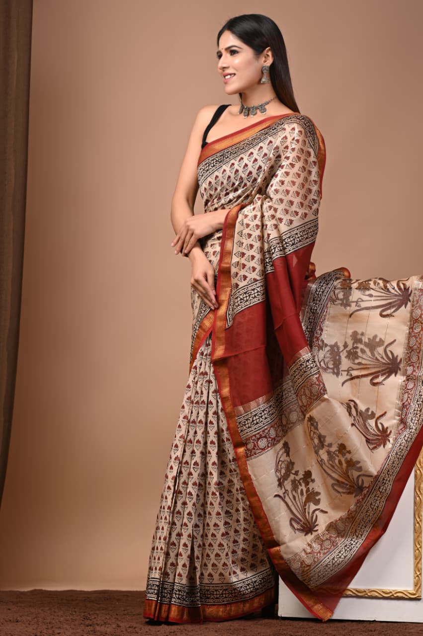 Hand Block Maheshwari Saree